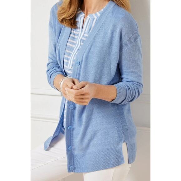 Talbots Petite Light Blue Linen Girlfriend Button Down Sweater Cardigan Size MP - Picture 1 of 7